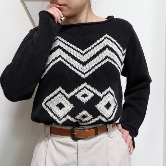 90s Knit Black Sweater w/ Geometric Zigzag Diamond Pattern by Ralph Lauren - Picture 3 of 7